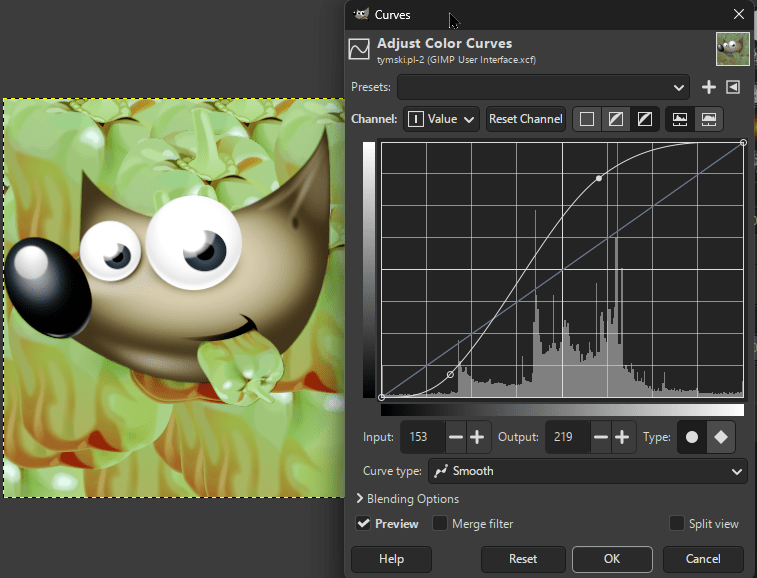 GIMP's curves editor window used for color adjustment.